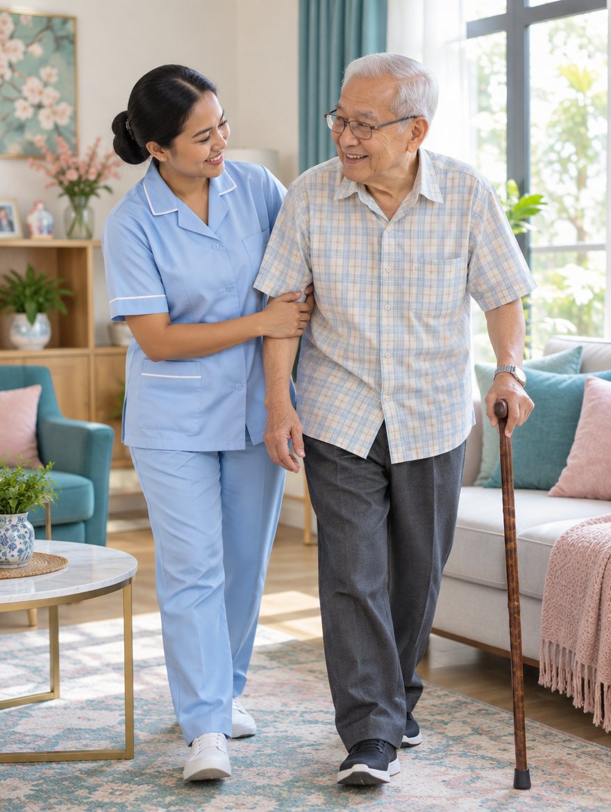Helper supporting an elderly parent at home