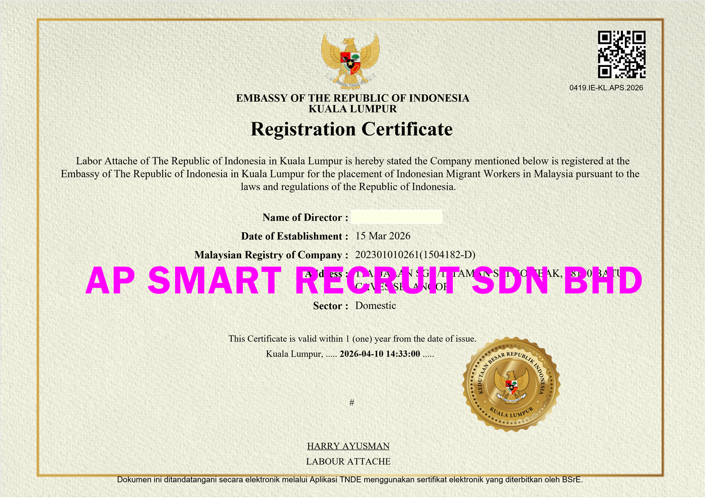 Indonesia Sipermit accreditation certificate
